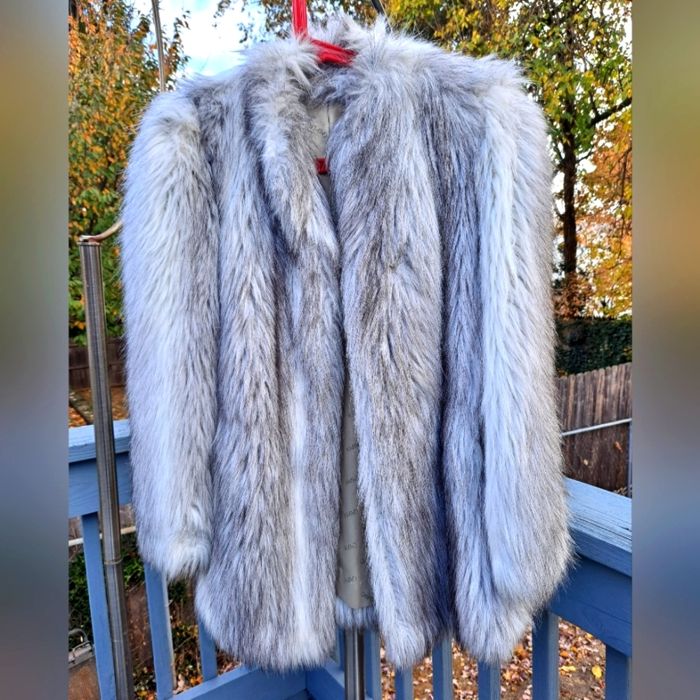 CASPER Brand FAUX rabbit fur Glam VTG 1980s jacket grey white mix size small
